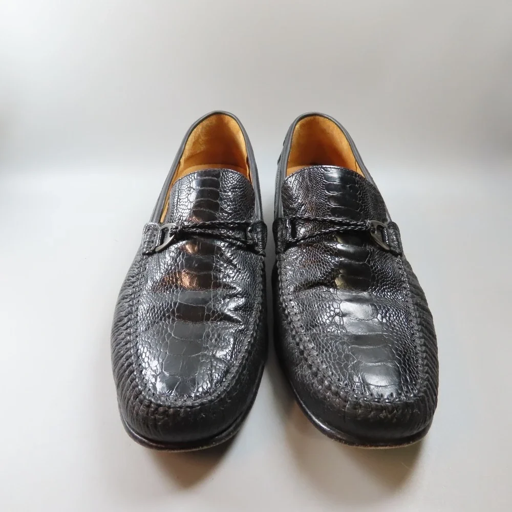 Mezlan Vesta Ostrich Leg and‎ Woven Calfskin Moc Toe Bit Strap Loafers Black 10
